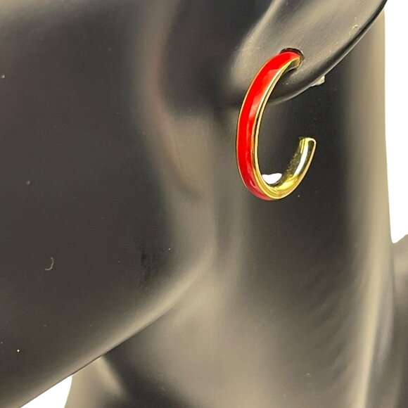 **Red and Gold Tone Enamel C Hoop Earrings - Picture 9 of 10